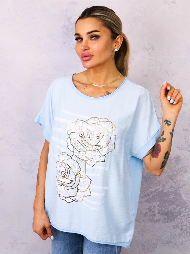 BLUZKA Z OZDOBNYMI ZŁOTYMI KWIATAMI- NIEBIESKA