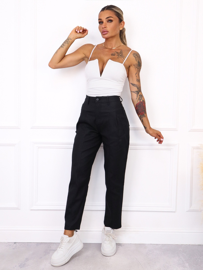 SPODNIE WOSKOWANE MOM FIT Z OZDOBNYMI PRZESZYCIAMI-CZARNE