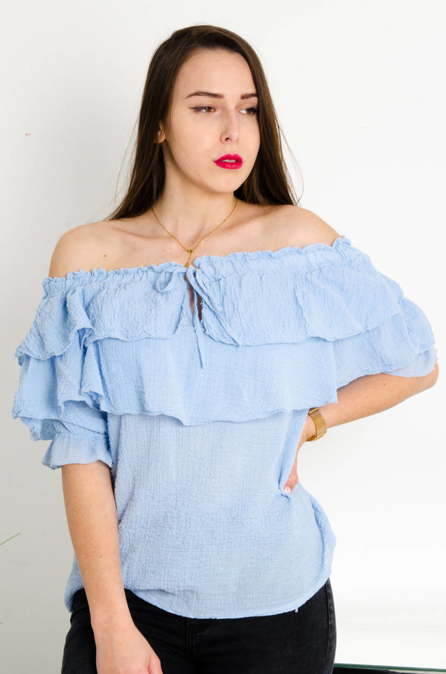 NIEBIESKA MUŚLINOWA BLUZKA HISZPANKA