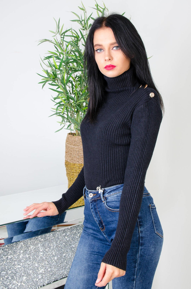 CZARNY PRĄŻKOWANY GOLF ZE ZŁOTYMI GUZIKAMI