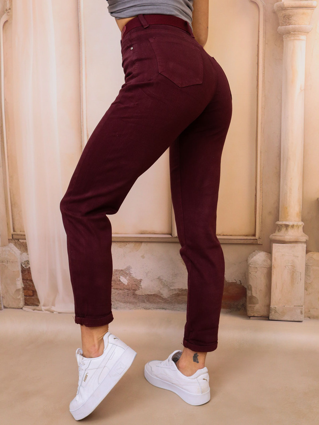 BORDOWE SPODNIE MOM FIT+ PASEK