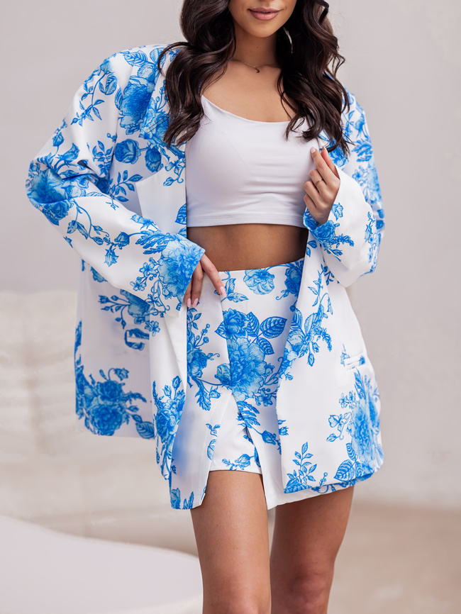 KOMPLET ELEGANCKI MARYNARKA W KWIATY+ SPÓDNICO-SPODENKI- CHABROWY