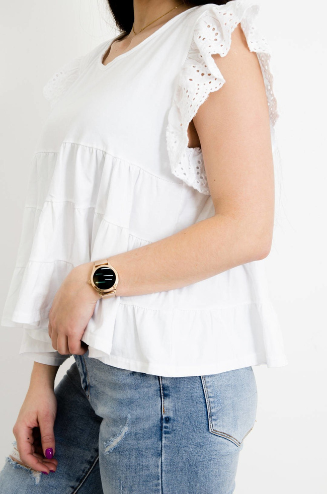 BIAŁA ROZKLOSZOWANA BLUZKA Z AŻUROWYMI RĘKAWAMI