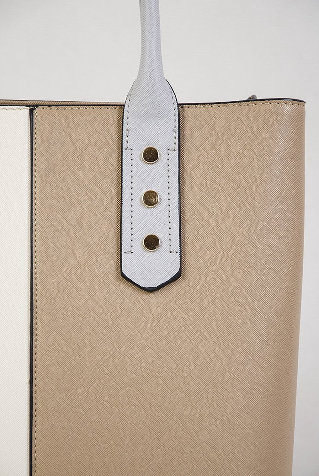Brązowo kremowa torebka typu shopper z szarą rączką