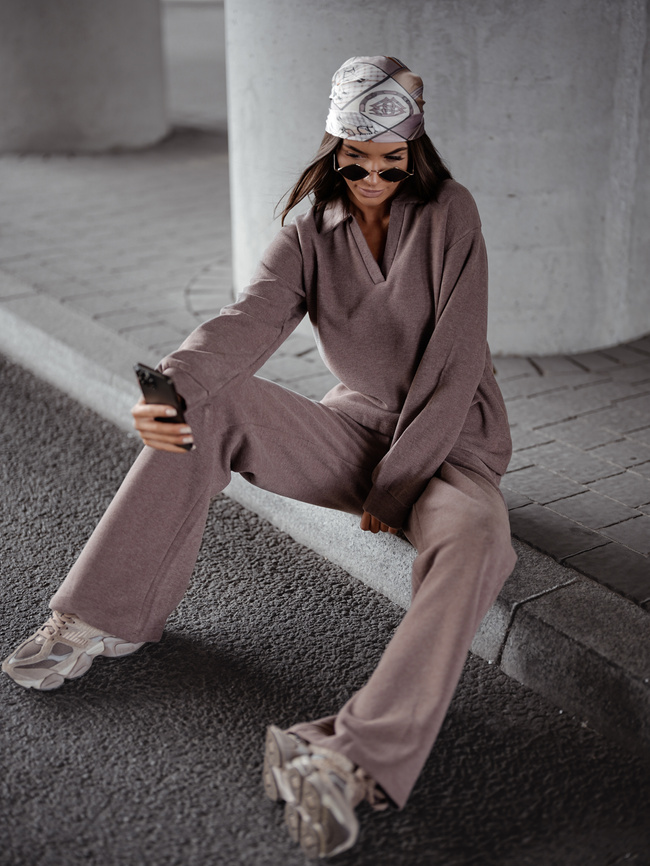 KOMPLET DZIANINOWY SWETERKOWA BLUZA+ SPODNIE- CAPPUCCINO