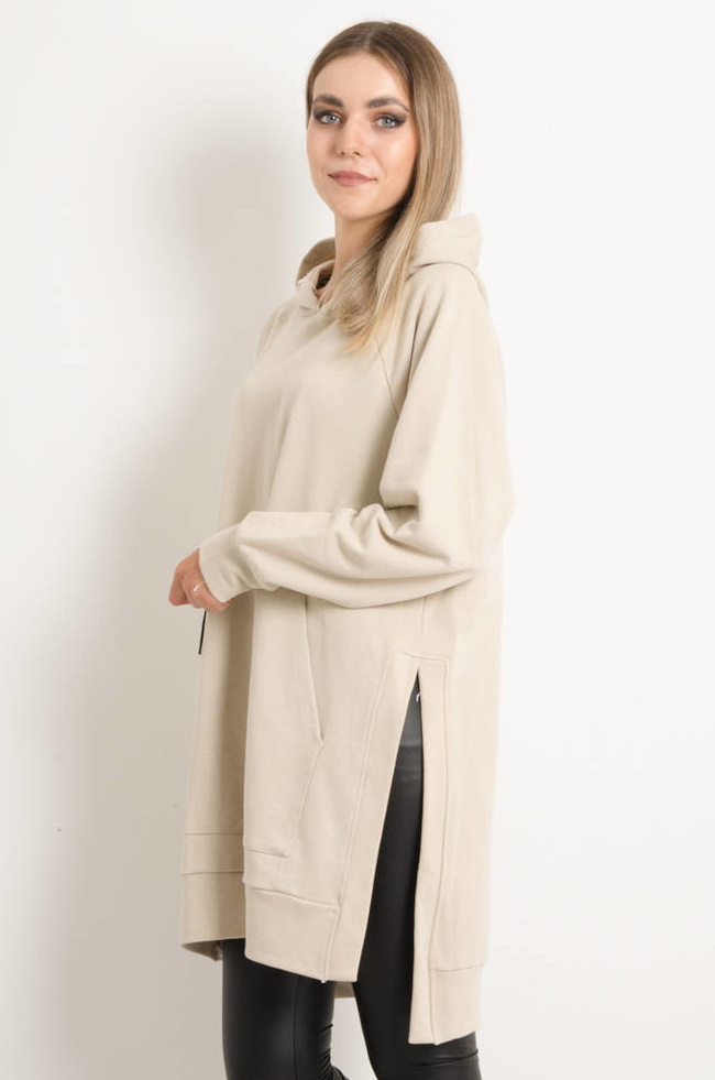 DŁUGA BLUZA KANGURKA Z ROZCIĘCIAMI PO BOKACH- BEŻOWA