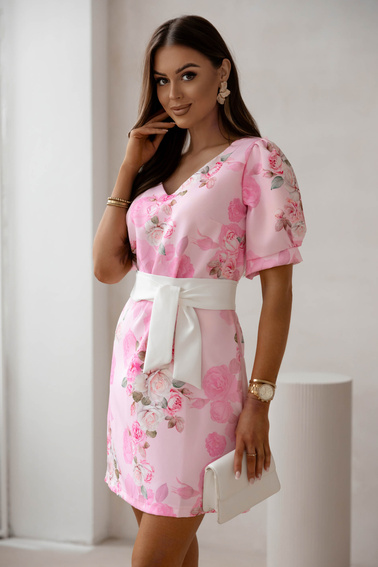 SUKIENKA MINI W KWIATY Z WIĄZANIEM- PUDROWY RÓŻ