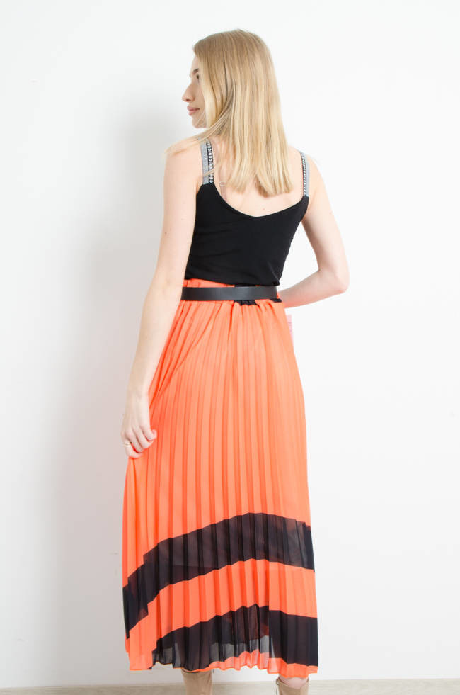 SPÓDNICA PLISOWANA Z PASKIEM - POMARAŃCZOWA