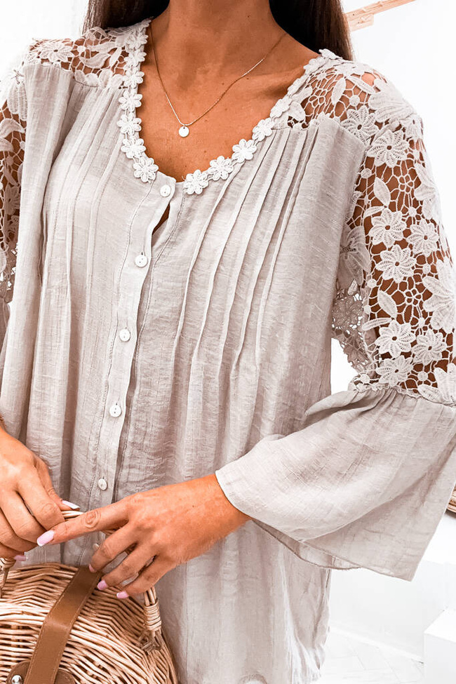 ASYMETRYCZNA BLUZKA Z REKAWAMI I PLECAMI Z KORONKI- BEŻOWA