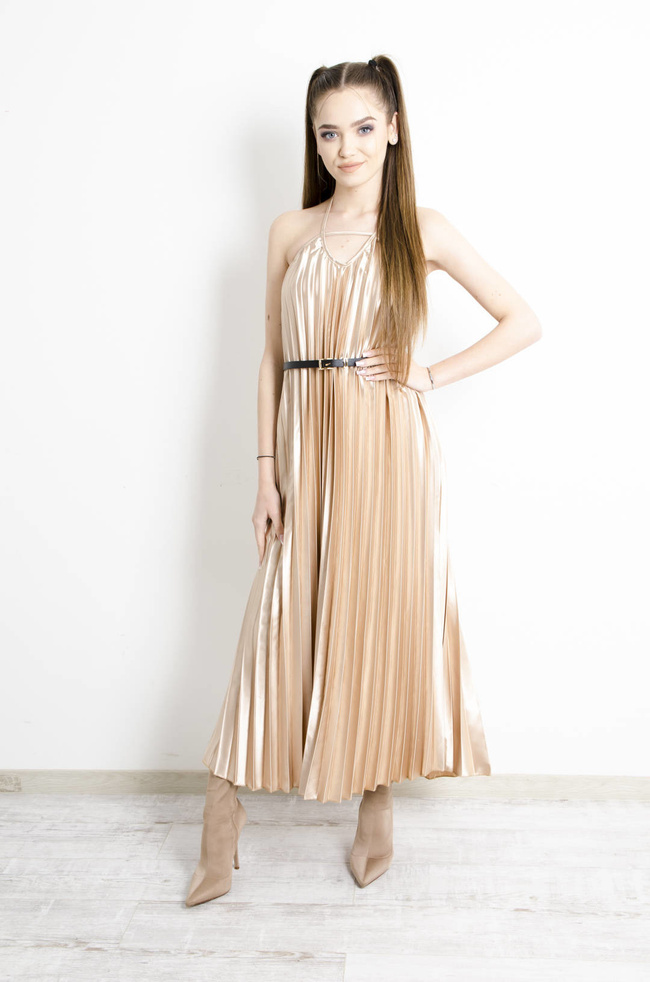 SUKIENKA BEŻOWA PLISOWANA Z PASKIEM