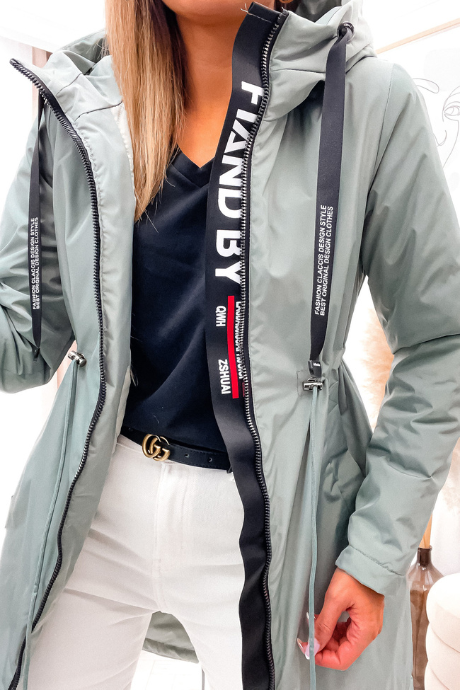 KURTKA PARKA Z KAPTUREM I ŚCIĄGACZEM W PASIE- ZIELONA