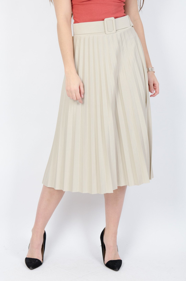 Beżowa plisowana spódnica midi z paskiem