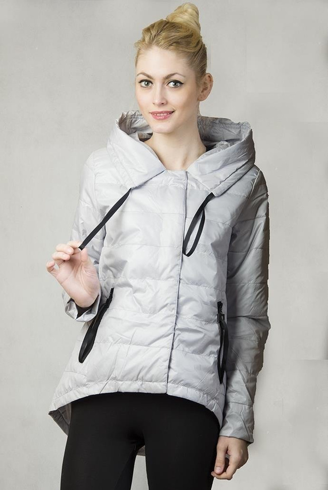 Asymetryczna szara kurtka z kapturem zapinana na zamek