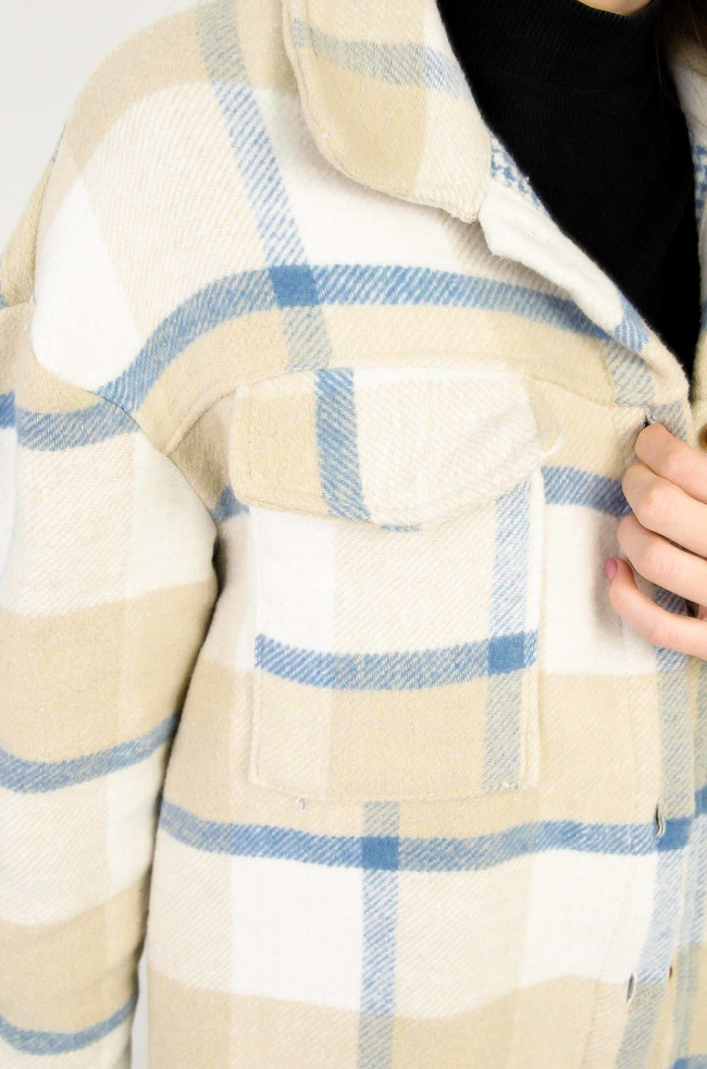 BEŻOWO-NEBIESKO-BIAŁY PŁASZCZ W KRATĘ Z FRĘDZLAMI