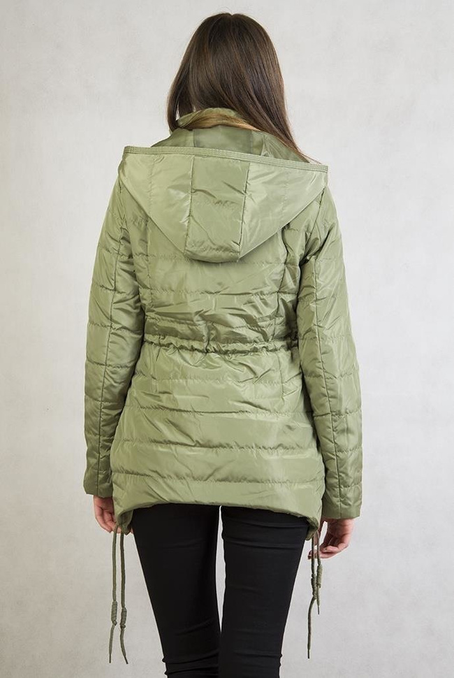 Asymetryczna zielona kurtka z kapturem ze ściągaczami
