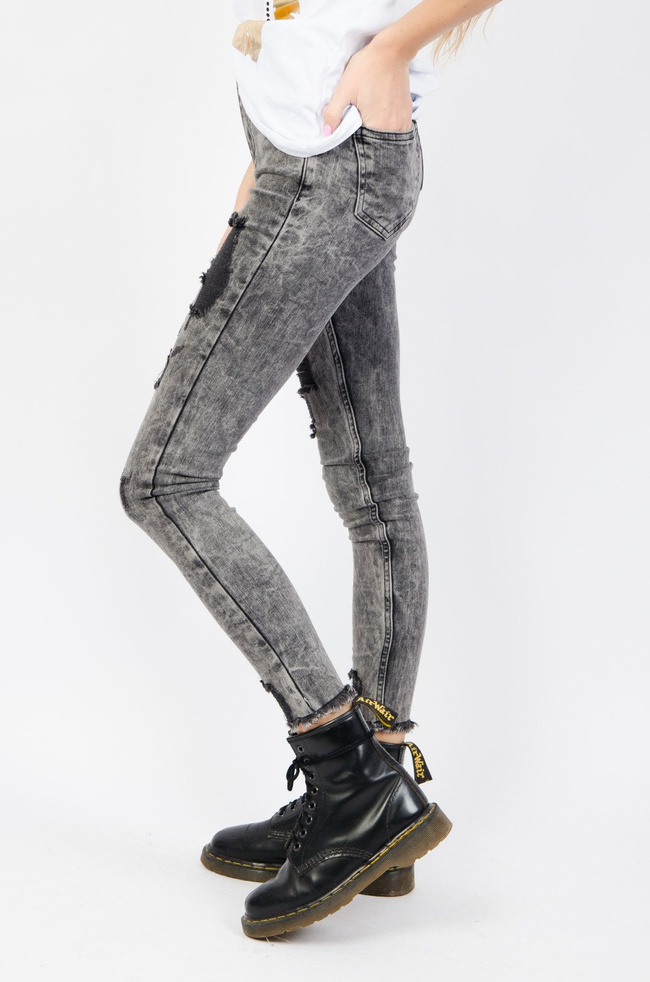 CIEMNO-SZARE SPODNIE JEANSOWE Z PRZETARCIAMI- WYSOKI STAN