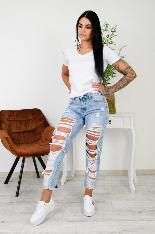 JASNE SPODNIE JEANSOWE MOM FIT Z DZIURAMI