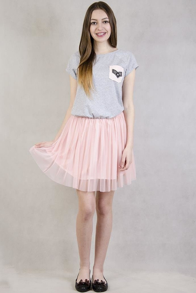 Sukienka z szarą górą i różowym tiulowym dołem
