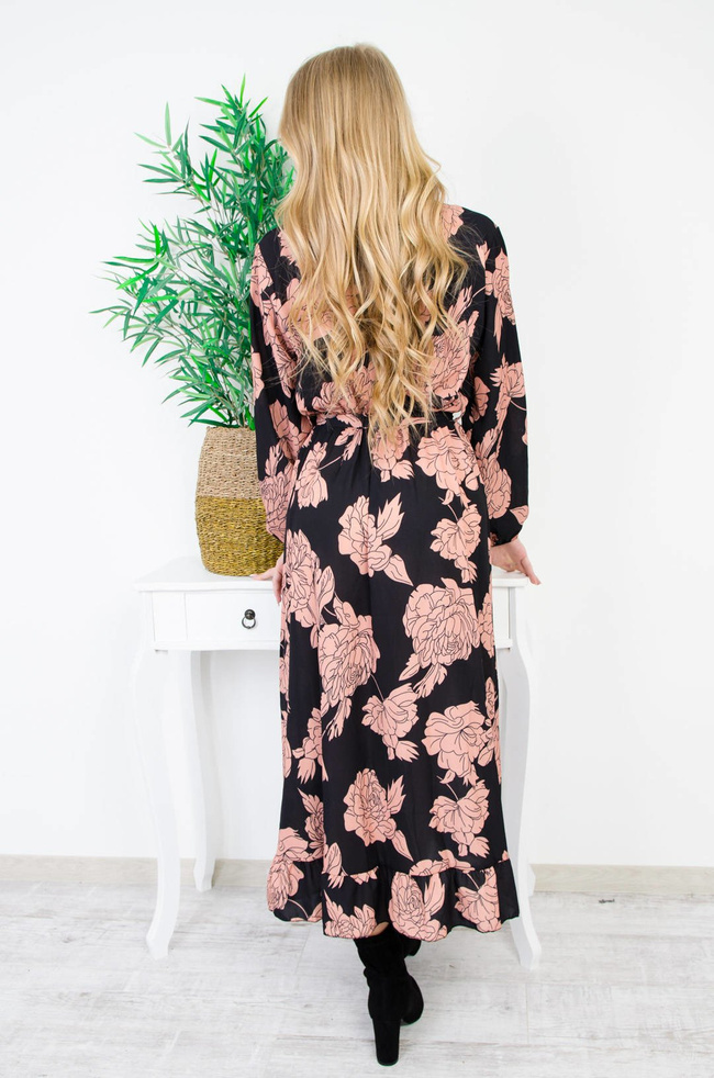 CZARNA ASYMETRYCZNA SUKIENKA W KWIATY Z KOPERTOWYM DEKOLTEM