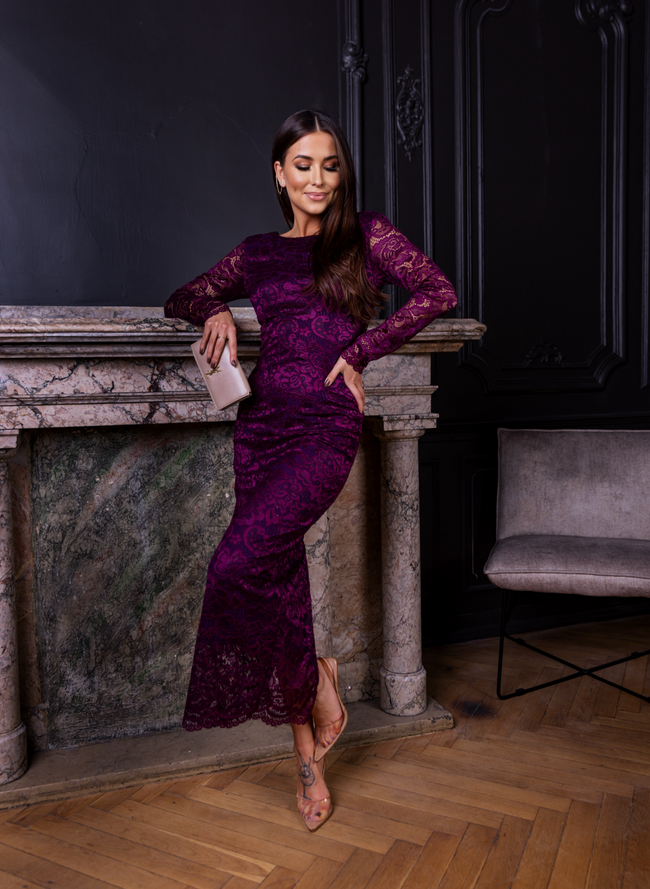 KORONKOWA SUKIENKA MAXI Z WYCIĘCIEM Z TYŁU- BORDOWA