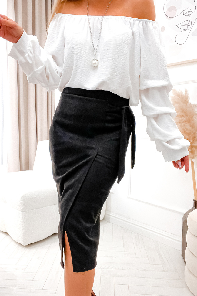 WELUROWA SPÓDNICA MIDI Z OZDOBNYM WIĄZANIEM- CZARNA