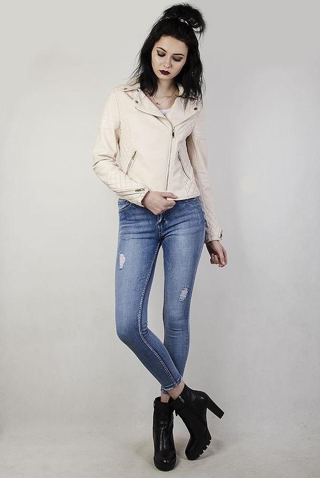 Beżowa kurtka ramoneska z zamkami