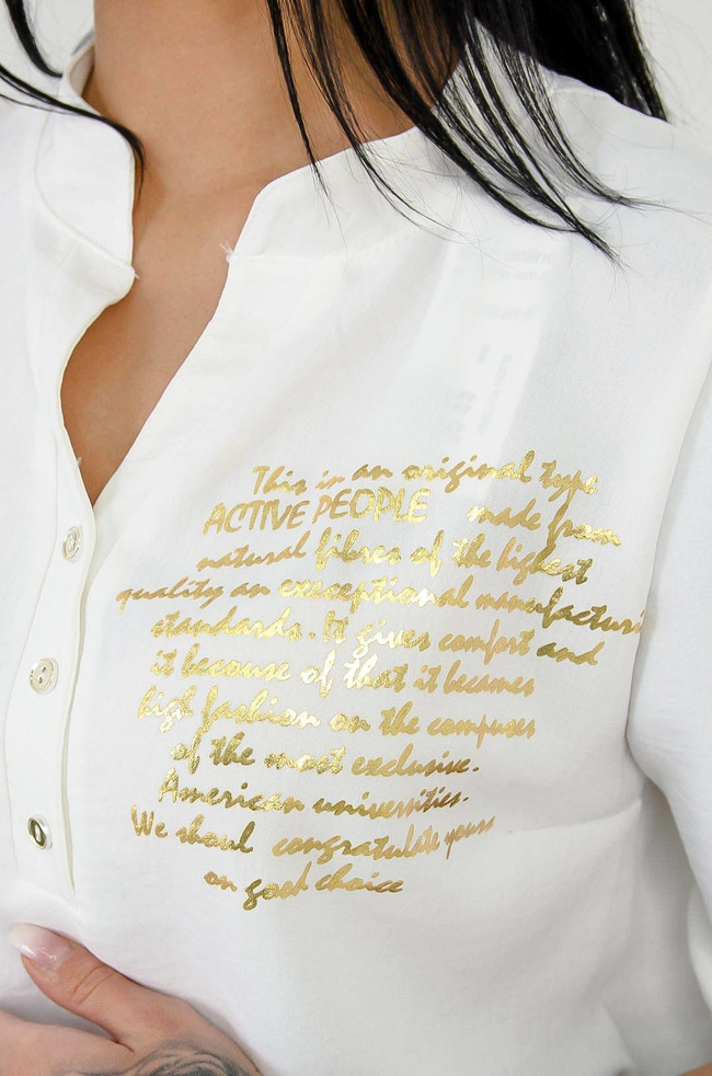 BIAŁA BLUZKA KOSZULOWA W SZPIC Z NAPISAMI