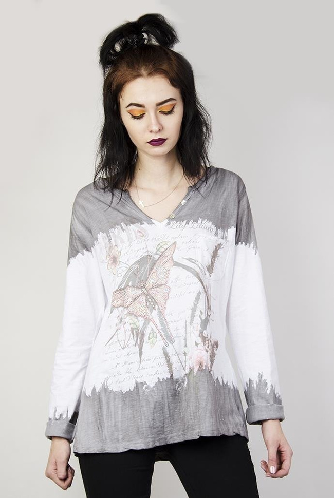 Biało-szara bluzka z motylem