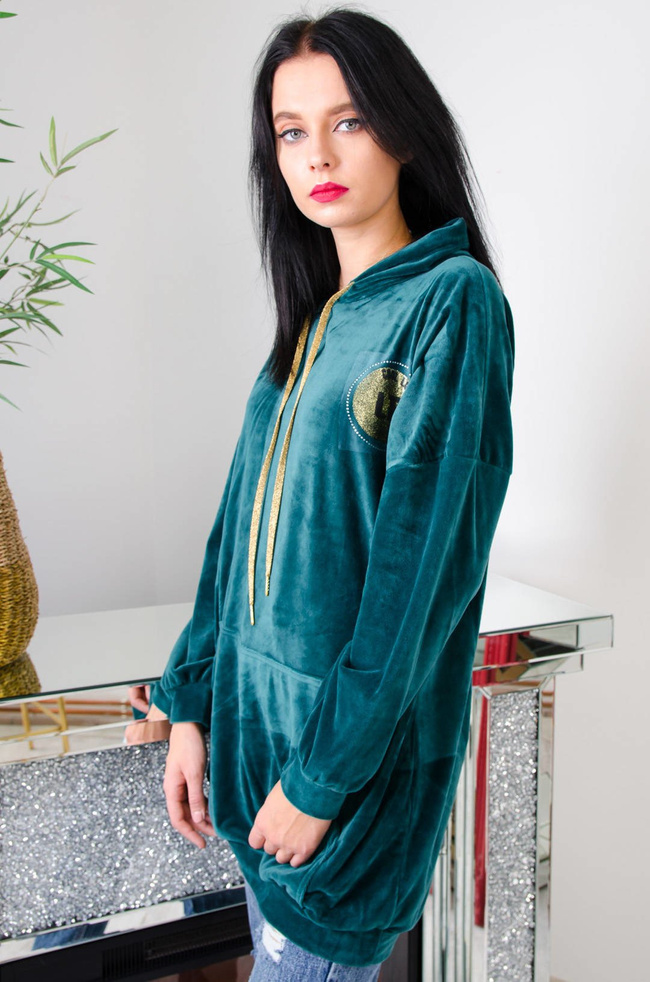 ZIELONA WELUROWA DŁUGA BLUZA Z NASZYWKĄ