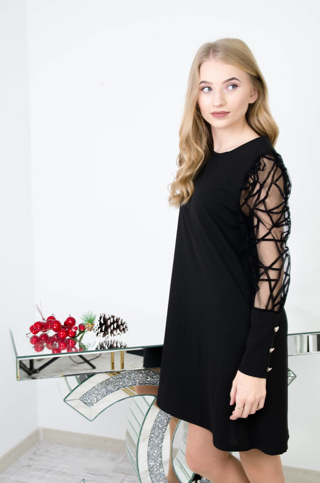 CZARNA SUKIENKA Z WELUROWYM WZOREM NA RĘKAWACH