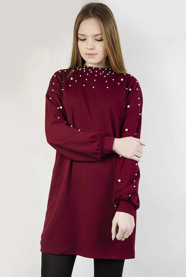 Bordowa sukienka z długim rękawem