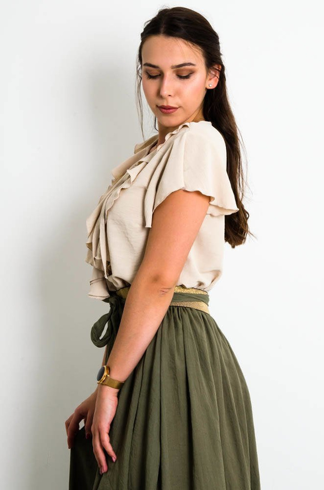 BEŻOWA BLUZKA KOSZULOWA Z ŻABOTEM