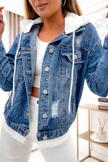 KURTKA JEANSOWA Z DRESOWYMI WSTAWKAMI- CIEMNY JEANS