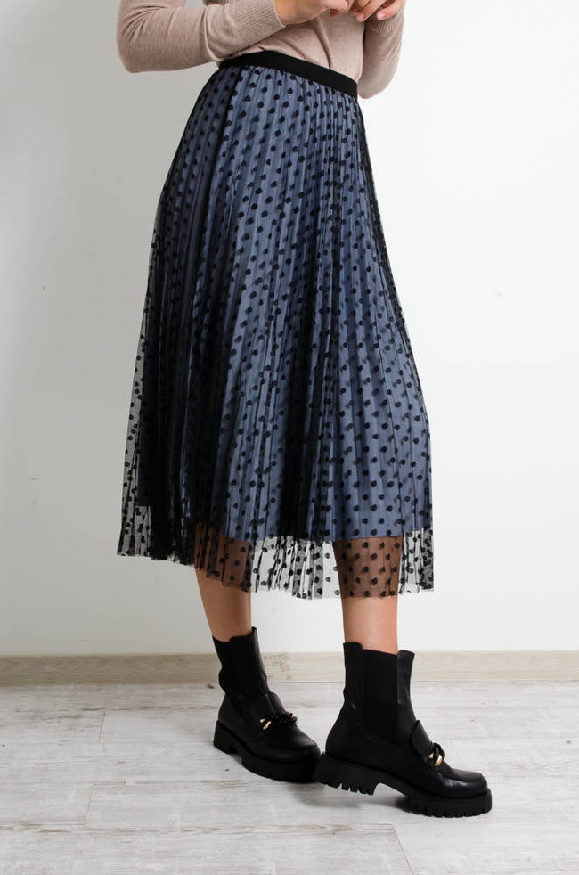 SZARA PLISOWANA SPÓDNICA MIDI Z TIULU W CZARNE KROPKI-DWUSTRONNA