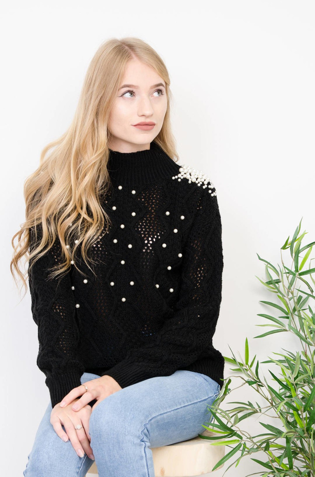 CZARNY SWETER PÓŁGOLF Z PEREŁKAMI 