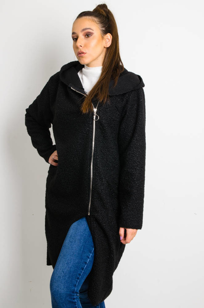 CZARNY MELANŻOWY PŁASZCZ Z WYCIĘCIEM