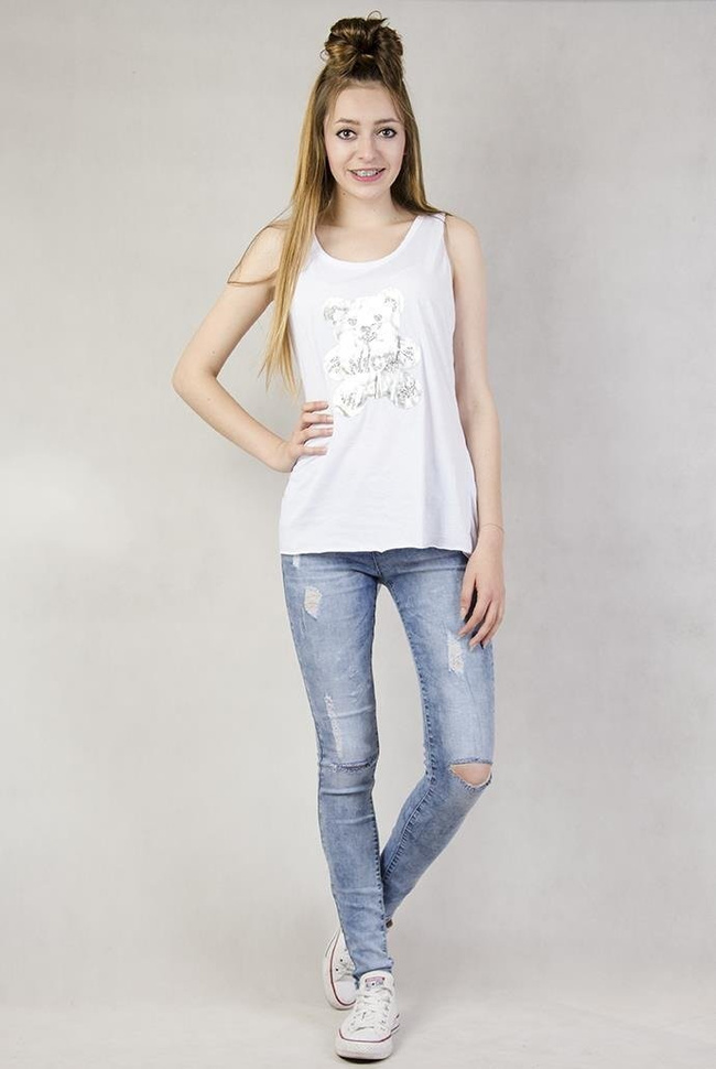 Biała bluzka z misiem i rozcięciem na plecach