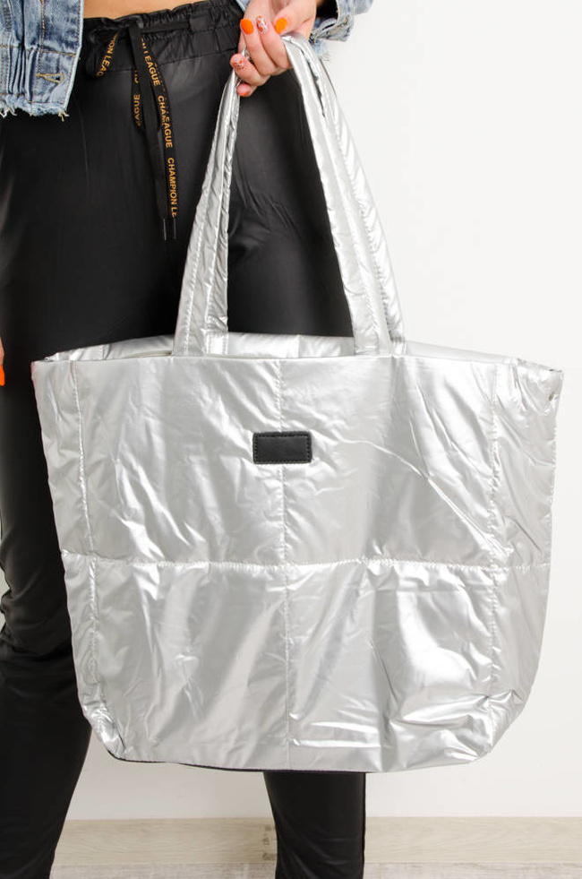 DUŻA PIKOWANA TORBA TYPU SHOPPER- SREBRNA