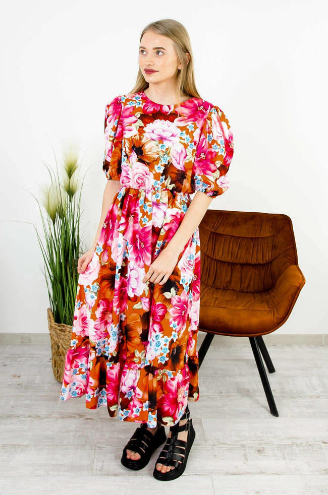 DŁUGA KOLOROWA SUKIENKA Z BUFIASTYMI RĘKAWAMI