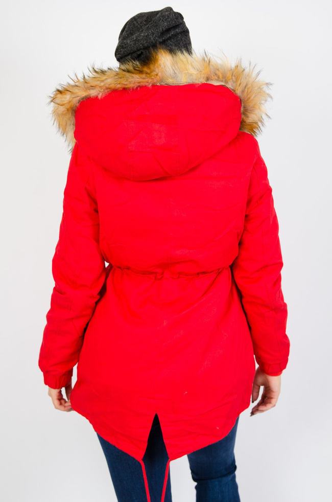 Czerwona kurtka parka z doczepianym futerkiem