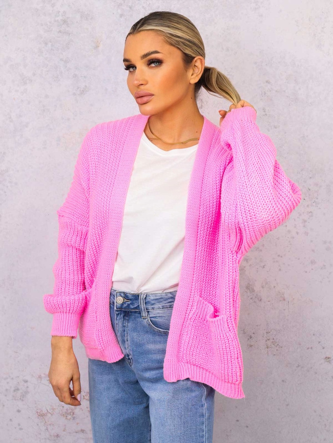 NARZUTA KARDIGAN DZIANINOWY Z KIESZENIAMI- CIEMNORÓŻOWY