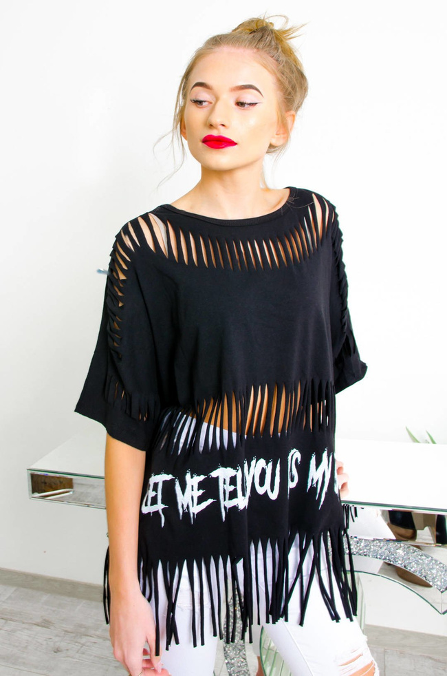 CZARNY BAWEŁNIANY T-SHIRT Z FRĘDZLAMI