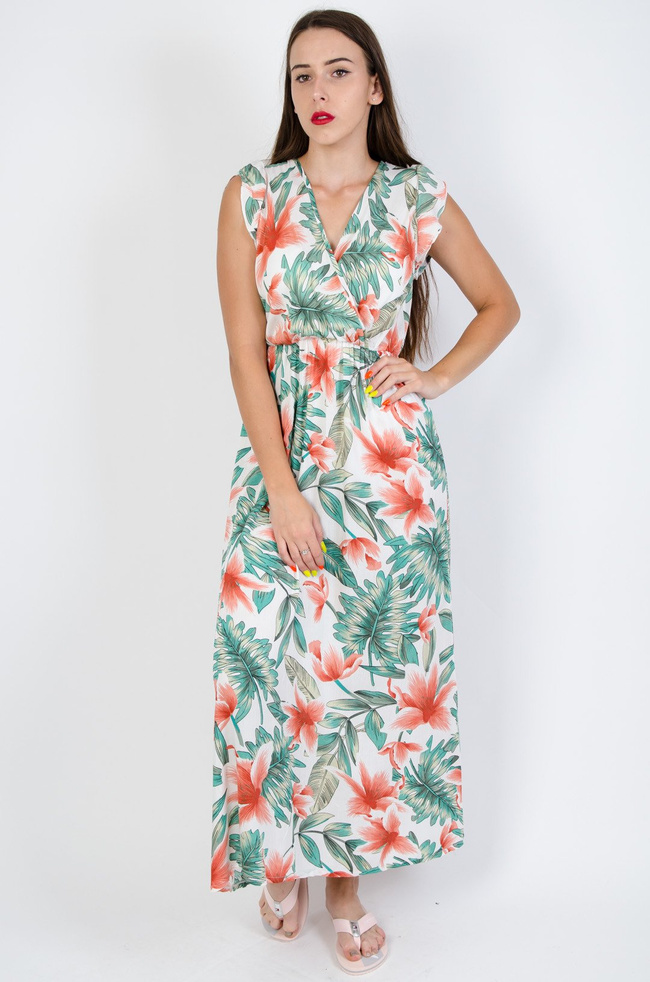 Biała sukienka w kwiaty z kopertowym dekoltem