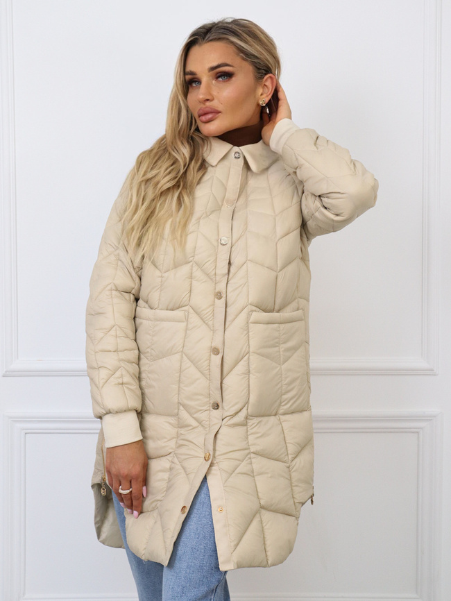 KURTKA PRZEJŚCIOWA PIKOWANA Z KOŁNIERZEM I OZDOBNYMI ZAMKAMI- BEŻOWA