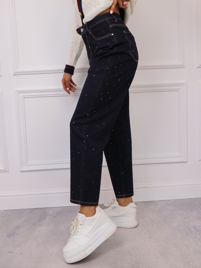 SPODNIE JEANSOWE MOM FIT Z CYRKONIAMI-  CIEMNY GRANAT