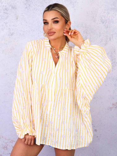 BLUZKA KOSZULOWA OVERSIZE W PASKI I KWIATY- POMARAŃCZOWA
