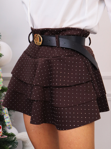 SPÓDNICZKA Z UKRYTYMI SZORTAMI ZDOBIONA CYRKONIAMI+ PASEK- CIEMNO CZEKOLADOWA