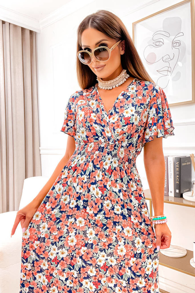 SUKIENKA MIDI Z KOPERTOWYM DEKOLTEM I GUMĄ W PASIE- GRANATOWA