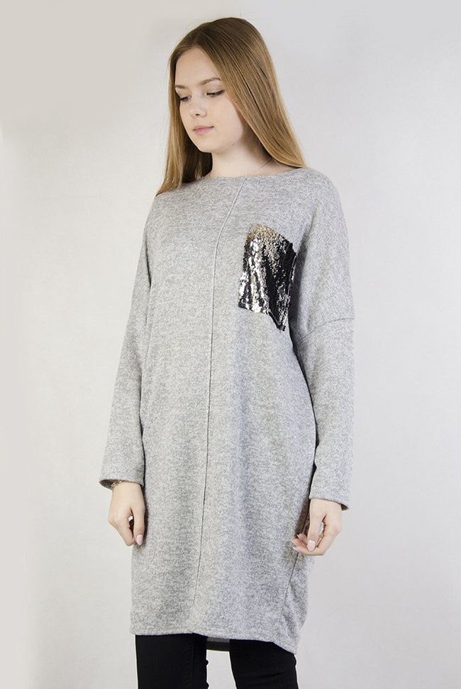 Jasnoszara tunika z cekinową kieszenią