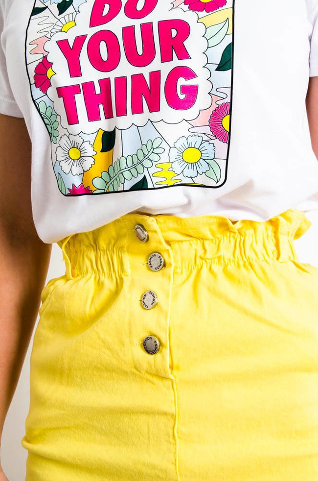 ŻÓŁTA MATERIAŁOWA SPÓDNICA ZAPINANA NA GUZIKI-GUMA W PASIE